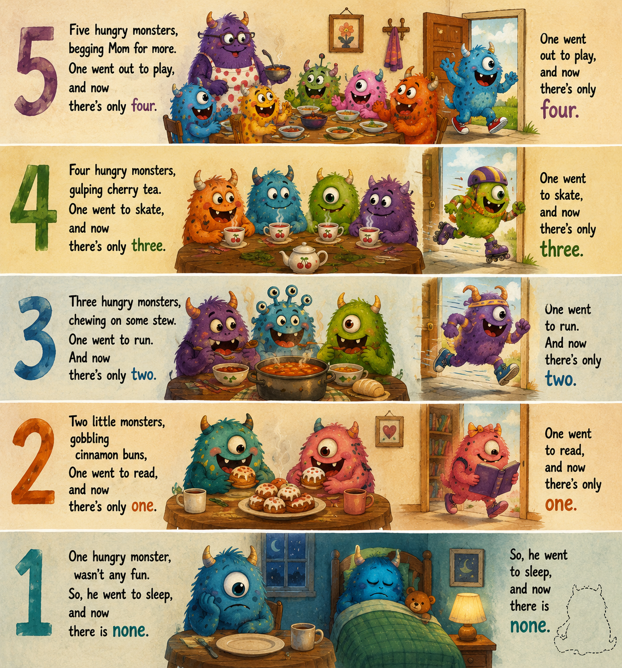 Five colorful cartoon monsters numbered 1 through 5