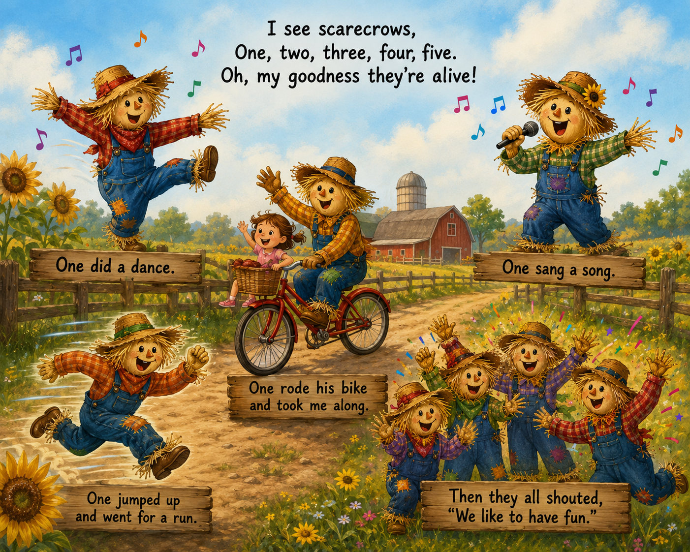 Five scarecrows — dancing, singing, riding a bike, running, and shouting We like to have fun!